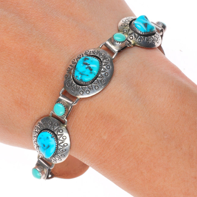 7" Vintage Navajo hand stamped sterling silver shadowbox turquoise link bracelet