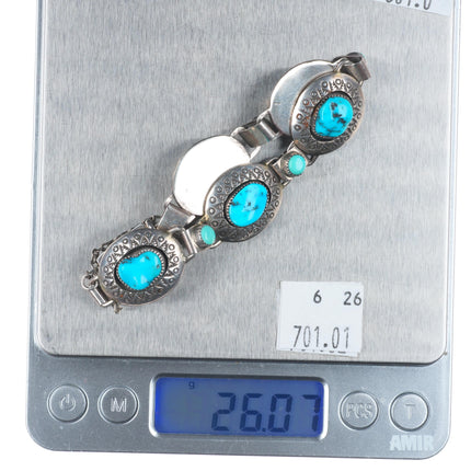 7" Vintage Navajo hand stamped sterling silver shadowbox turquoise link bracelet