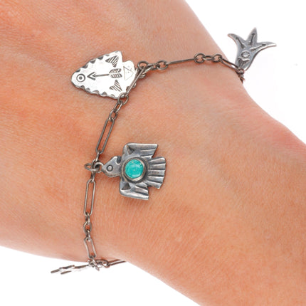 6.75" 1940's Vintage Navajo sterling silver Fred Harvey link charm bracelet