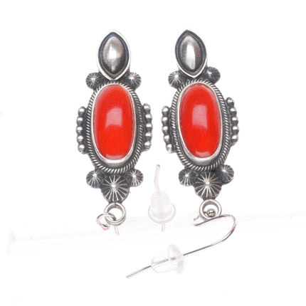 Stanley Parker Navajo sterling silver high grade coral dangle earrings
