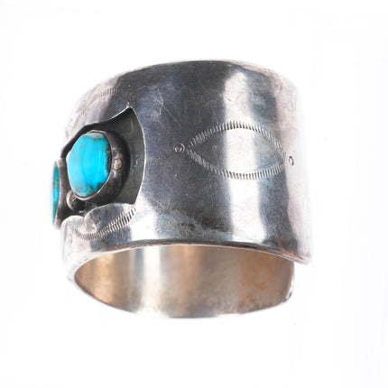 6" Vintage Navajo sterling silver wide band turquoise shadowbox cuff bracelet