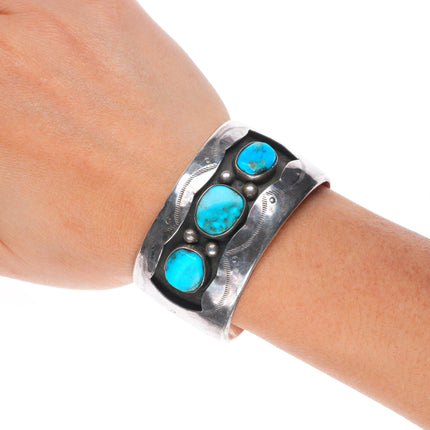 6" Vintage Navajo sterling silver wide band turquoise shadowbox cuff bracelet