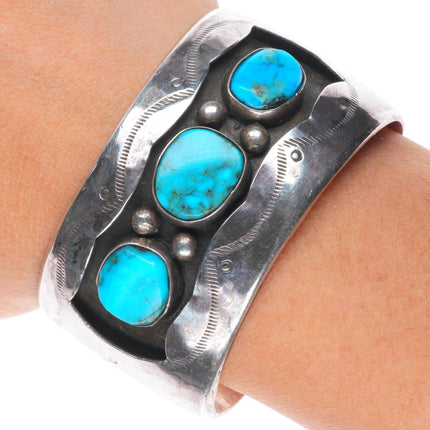 6" Vintage Navajo sterling silver wide band turquoise shadowbox cuff bracelet