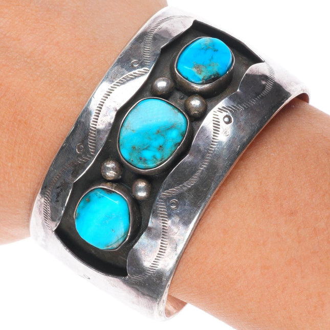 6" Vintage Navajo sterling silver wide band turquoise shadowbox cuff bracelet