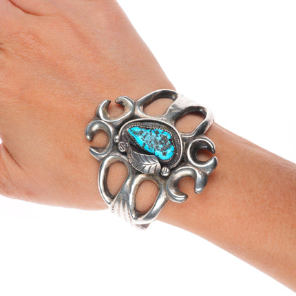 6.1" Vintage Navajo large cast sterling silver cuff bracelet with turquoise