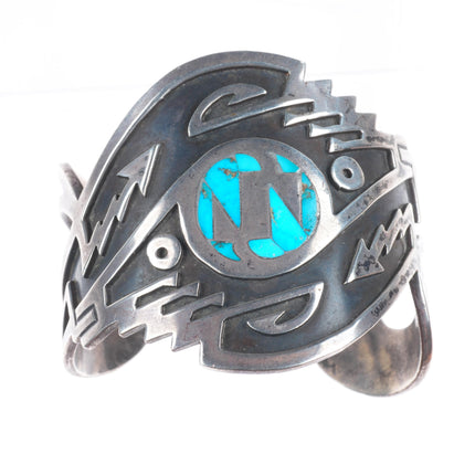 6.5" Carl Allen Begay Navajo sterling silver flush inlay turquoise cuff bracelet