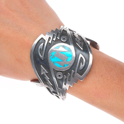 6.5" Carl Allen Begay Navajo sterling silver flush inlay turquoise cuff bracelet