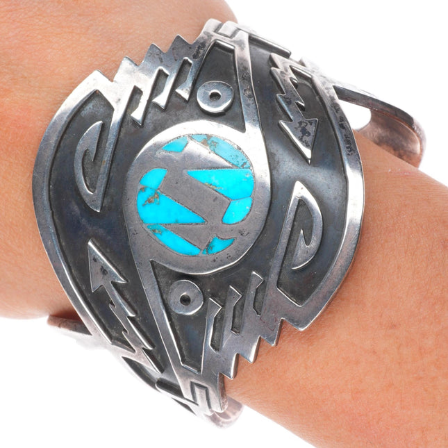 6.5" Carl Allen Begay Navajo sterling silver flush inlay turquoise cuff bracelet