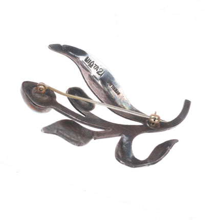c1940 Uita21 Navajo sterling silver hand stamped flower pin with turquoise