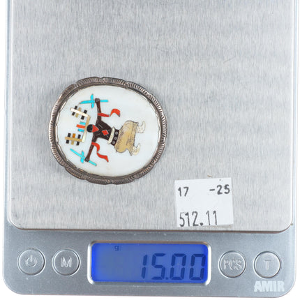 Elliot Qualo (1930-1974) Zuni sterling silver intarsia inlay Ghan Dancer pin