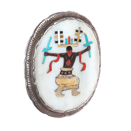 Elliot Qualo (1930-1974) Zuni sterling silver intarsia inlay Ghan Dancer pin