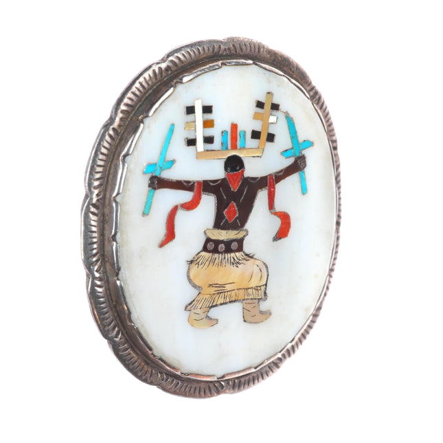 Elliot Qualo (1930-1974) Zuni sterling silver intarsia inlay Ghan Dancer pin