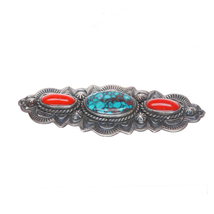 Leonard Platero Navajo sterling silver, high grade turquoise, coral pin/brooch