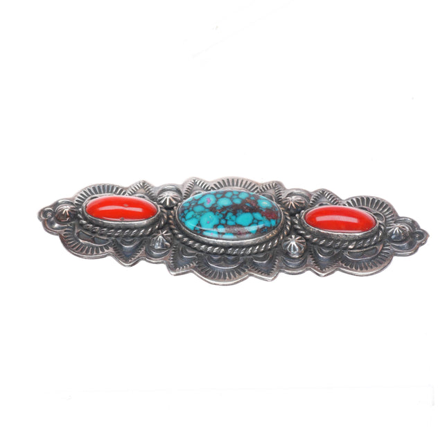 Leonard Platero Navajo sterling silver, high grade turquoise, coral pin/brooch