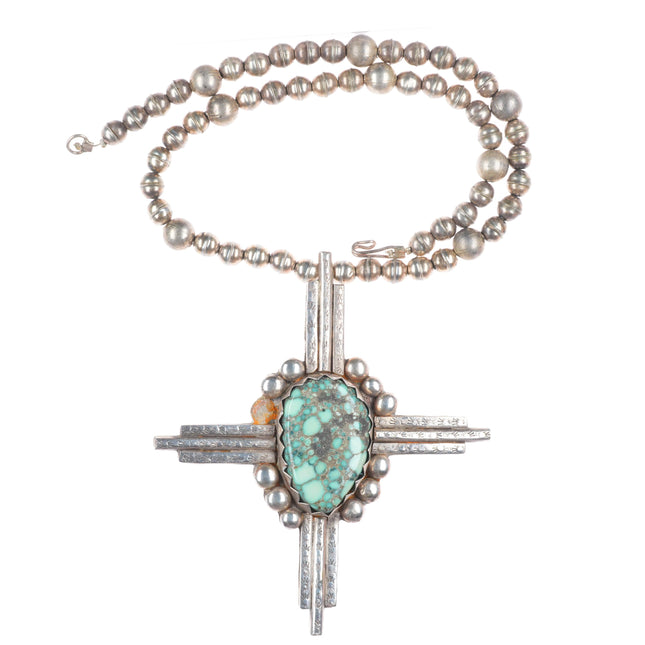 Vintage Heavy sterling silver Native American cross pendant on beaded necklace