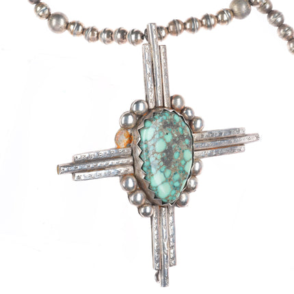 Vintage Heavy sterling silver Native American cross pendant on beaded necklace