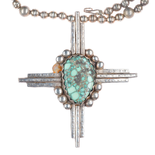 Vintage Heavy sterling silver Native American cross pendant on beaded necklace