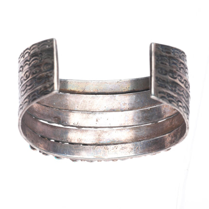 6.4" 1930's Ingot Silver Zuni snake eye turquoise 5 stack row cuff bracelet