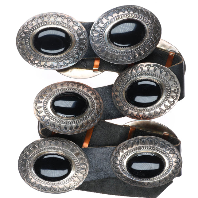 Large Lester Ortiz Navajo sterling silver onyx deep stamped concho belt