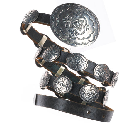 Vintage slim Navajo sterling silver stamped concho belt