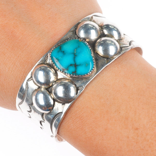 6.2" Vintage Navajo sterling silver hand stamped cuff bracelet with turquoise