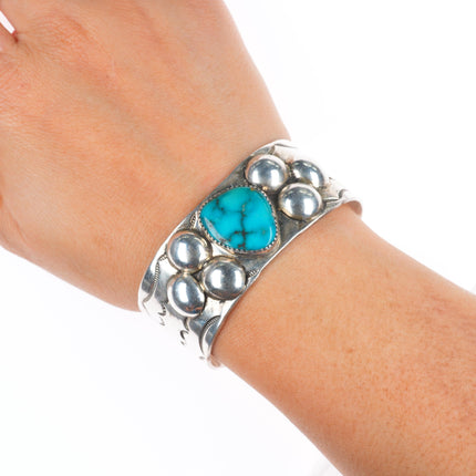 6.2" Vintage Navajo sterling silver hand stamped cuff bracelet with turquoise