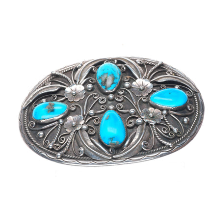 Big vintage Navajo sterling silver 2" belt buckle with turquoise blossom design