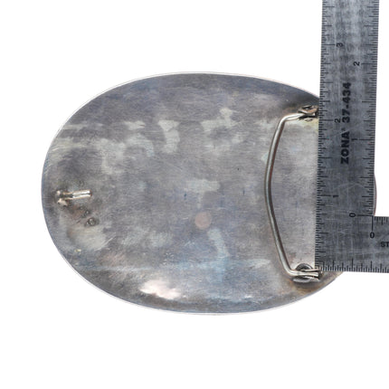 Big vintage Navajo sterling silver 2" belt buckle with turquoise blossom design