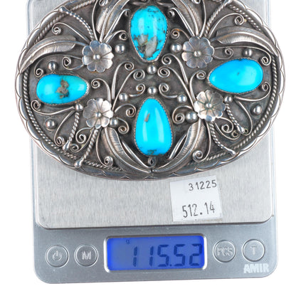 Big vintage Navajo sterling silver 2" belt buckle with turquoise blossom design