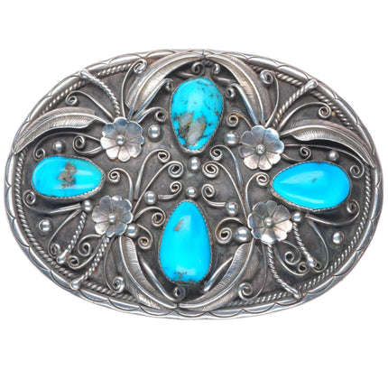 Big vintage Navajo sterling silver 2" belt buckle with turquoise blossom design
