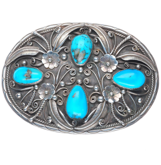 Big vintage Navajo sterling silver 2" belt buckle with turquoise blossom design