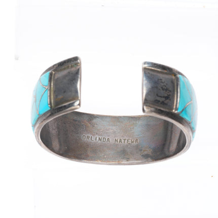 6" Orlinda Natewa Zuni sterling silver turquoise inlay vintage cuff bracelet
