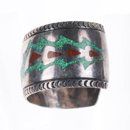 6.4" Carl Begay (1912-1972) Navajo sterling silver chip inlay wide cuff bracelet