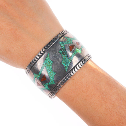 6.4" Carl Begay (1912-1972) Navajo sterling silver chip inlay wide cuff bracelet