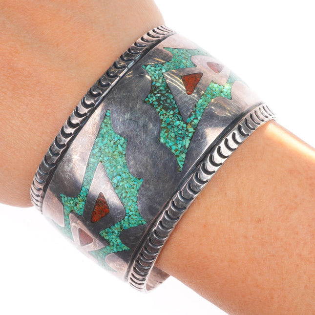 6.4" Carl Begay (1912-1972) Navajo sterling silver chip inlay wide cuff bracelet