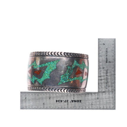 6.4" Carl Begay (1912-1972) Navajo sterling silver chip inlay wide cuff bracelet