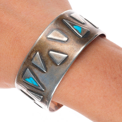 6.25" Vintage Navajo modernist sterling silver turquoise inlay cuff bracelet