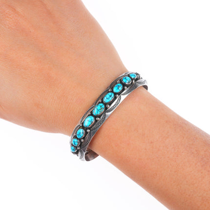6.5" 30's-40's Navajo Candelaria turquoise sterling silver row cuff bracelet
