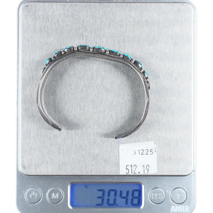 6.5" 30's-40's Navajo Candelaria turquoise sterling silver row cuff bracelet