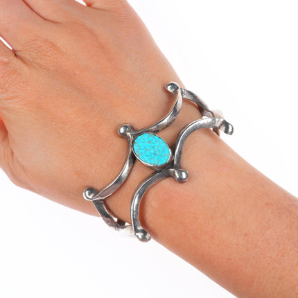 6.35" Vintage Navajo cast sterling silver spiderweb turquoise cuff bracelet