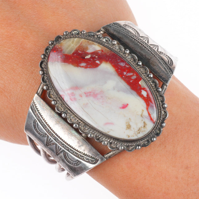 6.4" 30's-40's Navajo sterling silver petrified wood/Agate/Jasper cuff bracelet