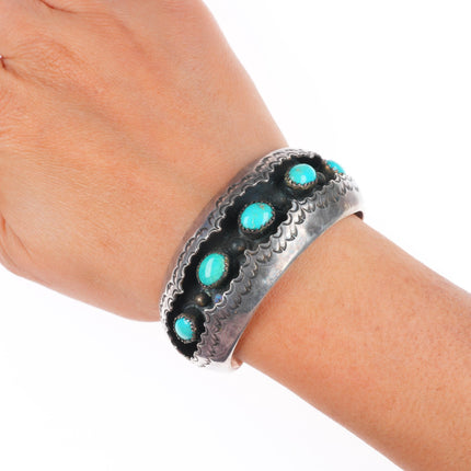 5.9" Ray Smith Navajo sterling silver shadowbox turquoise row cuff bracelet