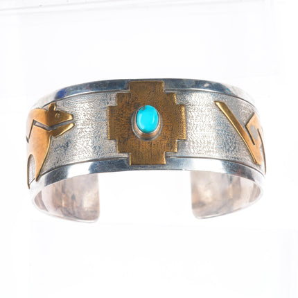 6.75" Thomas Navajo sterling silver, turquoise, brass mounted cuff bracelet