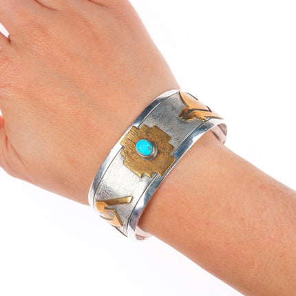6.75" Thomas Navajo sterling silver, turquoise, brass mounted cuff bracelet