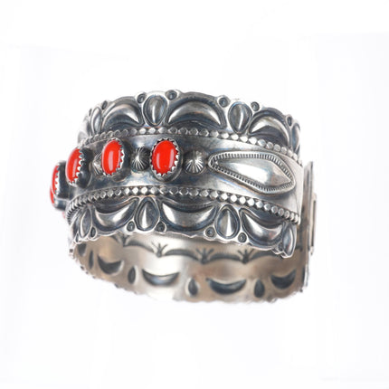 6.7" Ray Delgarito Navajo heavy repousse Mediterranean coral cuff bracelet