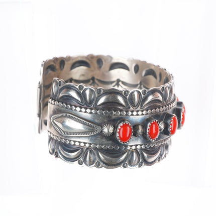 6.7" Ray Delgarito Navajo heavy repousse Mediterranean coral cuff bracelet