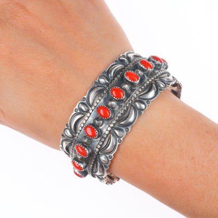 6.7" Ray Delgarito Navajo heavy repousse Mediterranean coral cuff bracelet
