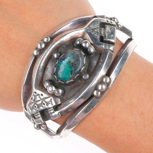 6.25" Vintage Navajo sterling silver Yei cuff bracelet with nice turquoise