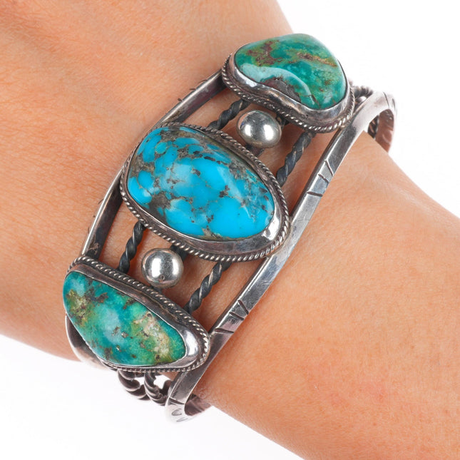 6.4" 1940's vintage Navajo sterling silver 3 stone twisted wire cuff bracelet