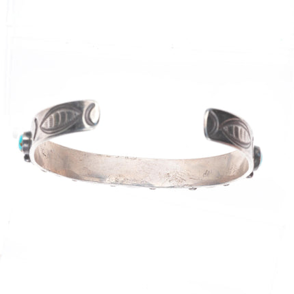 6.7" c1930's Navajo sterling silver turquoise row cuff bracelet stamped sides